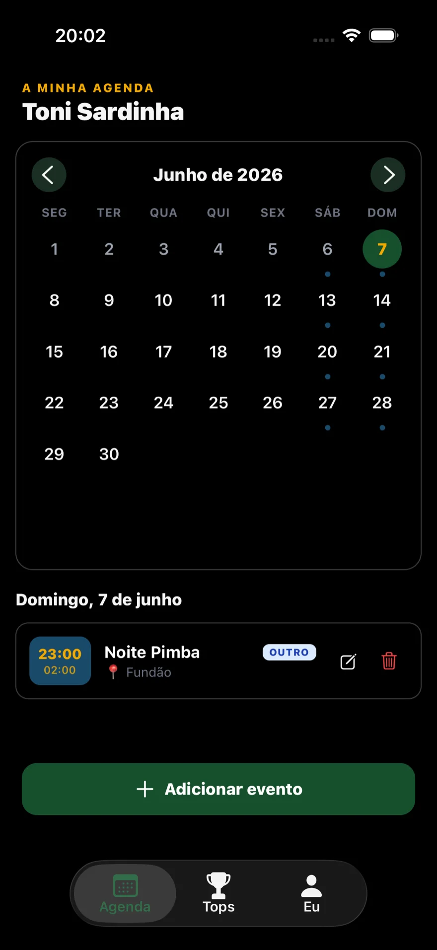 Agenda de artista na app, em tema escuro