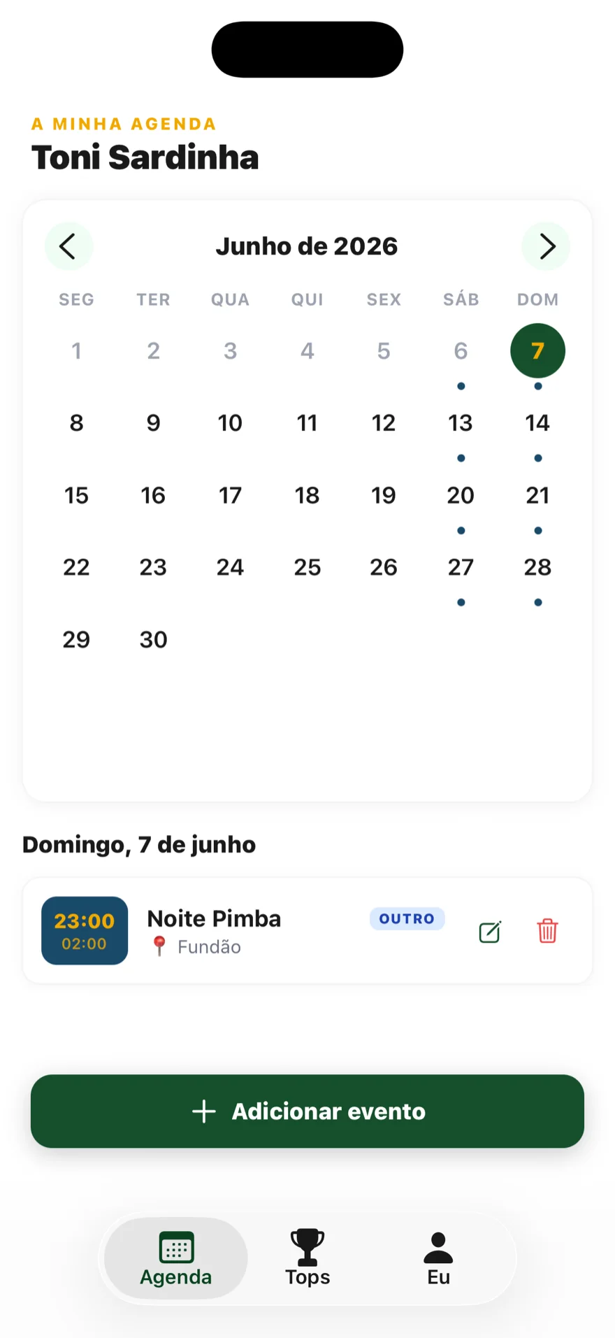 Agenda de um artista na app, com as próximas actuações