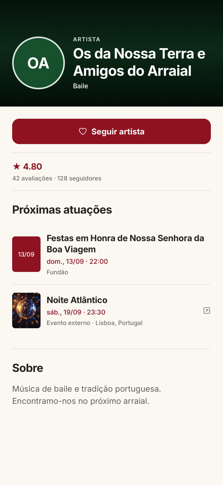 Perfil público de um artista na BindePaFesta