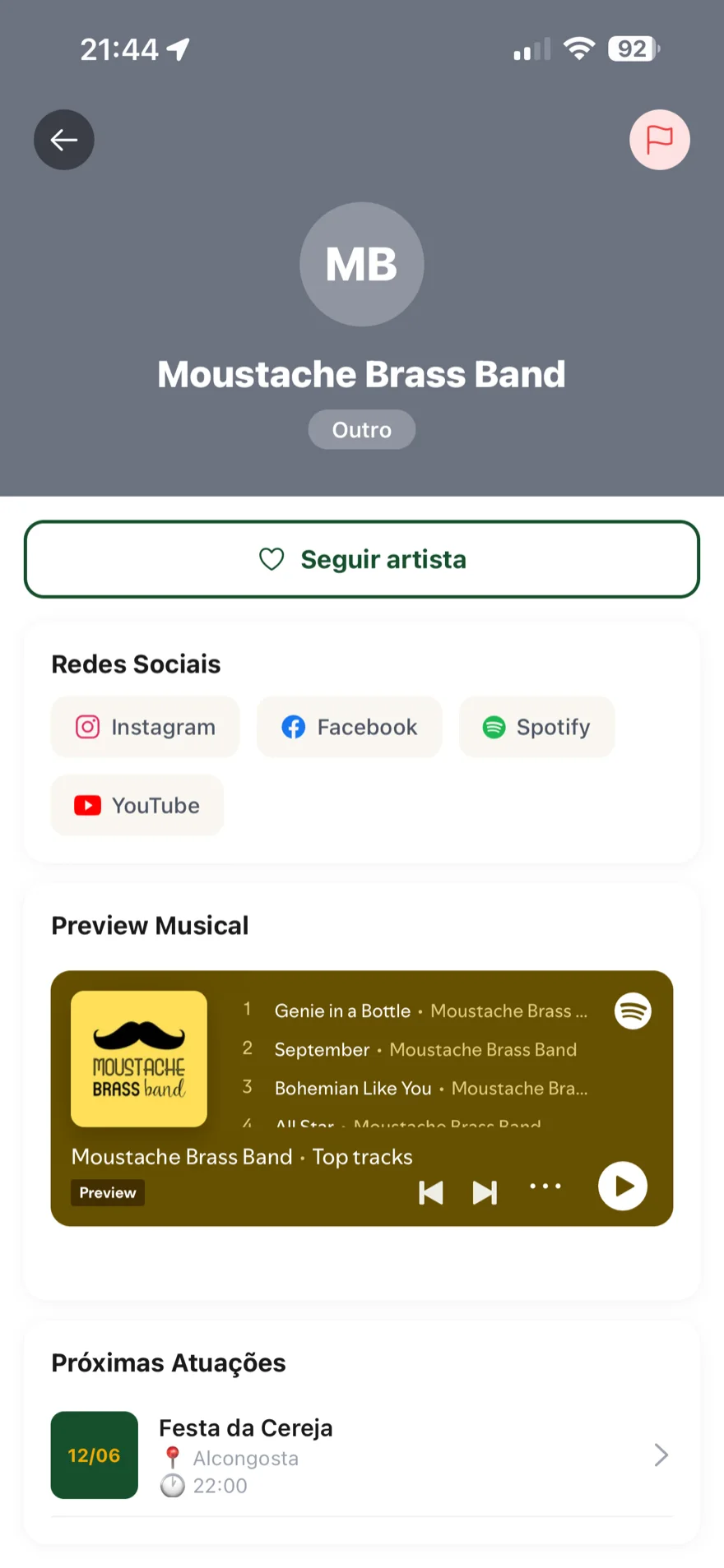 Perfil público de um artista na app BindePaFesta