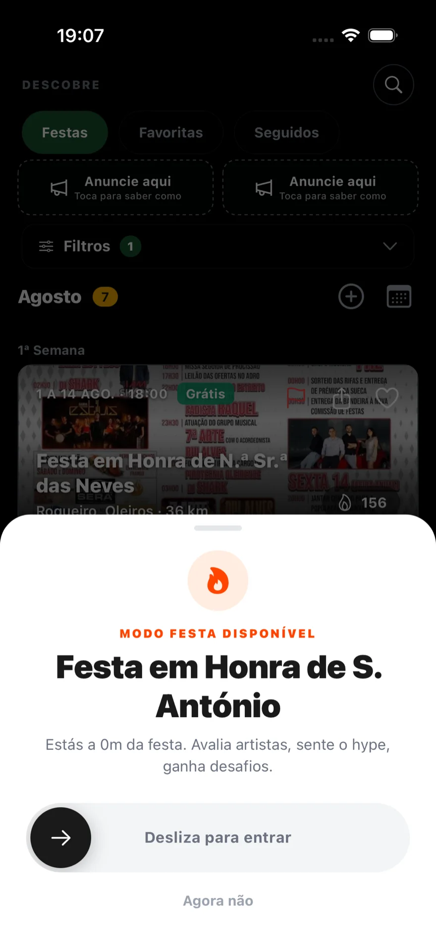 Cartão do Modo Festa na app, em tema escuro