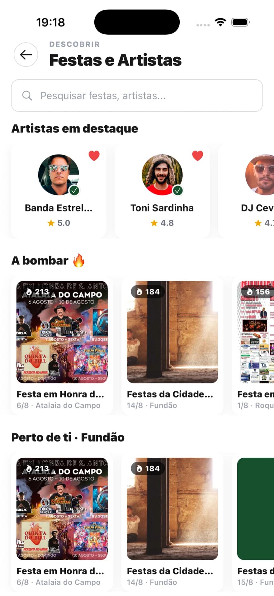 Ecrã Descobrir da app com a lista de festas