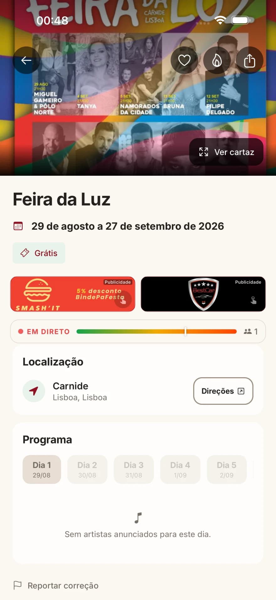 Página de festa real da app, com o slot de anúncio destacado