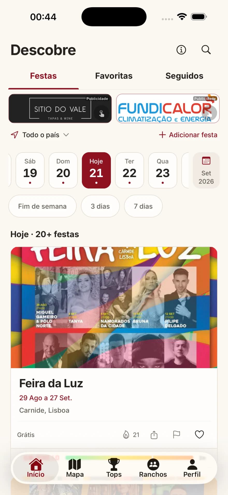 Home real da app, com o slot de anúncio destacado