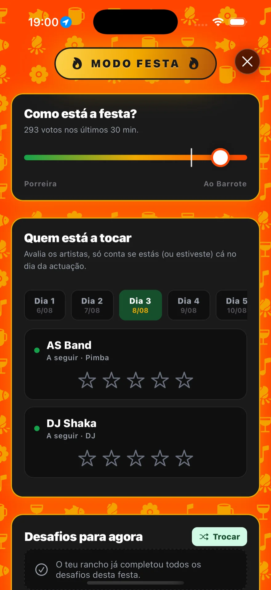 Modo Festa ligado na app