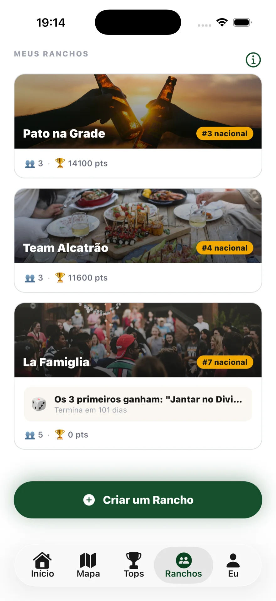 Página de ranchos na app